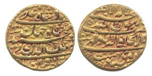 Shah Jahan, Gold, Mohur, Akbarabad Mint, AH 1238/2, Ardibihisht Month, four-line legend ty