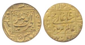Aurangzeb, Gold, Mohur, Akbarnagar Mint, Square-area type, RY 3 (KM 320.1). Packed in NGC 