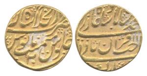 Muhammad Shah, Gold, Mohur, Shahjahanabad Mint, Sahib Qiran type, AH 11xx/20. About Very F