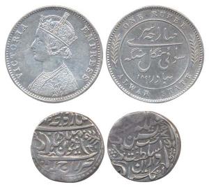 Silver (2), Rajgarh Mint, in the name of Queen Victoria; Mangal Singh, Silver, Rupee, AD 1