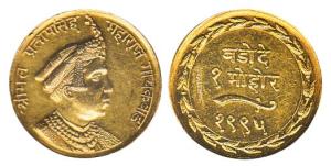 Pratap Singh Gaikwad, Gold, Mohur, VS 1995, portrait of the Maharaja on obv, Nagari legend