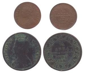 Copper (2), ¼ Anna and 1/12 Anna, 1888, with the name and portrait of Victoria Empress. Th