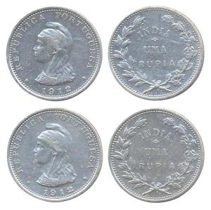 Portuguese Colony, Silver (2), Rupia, 1912 (KM 18). The second coin is of the die-alterati