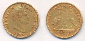 William IV, Gold Mohur, 1835, East India Company written around lion and palm tree design 