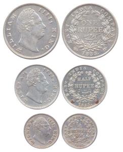 William IV, Silver (3), Set of 3: Rupee, ½ and ¼ Rupee, 1835, F Raised variety. Very Fine+