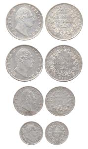 William IV, Silver (3), Set of 3: Rupee, ½ and ¼ Rupee, 1835, F Incused variety. Very Fine