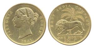 Victoria Queen, Gold, Mohur, 1841, Divided Legend type. UNC, Rare in this condition