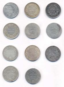 Victoria, Silver (11), ¼ Rupee, 1840 Divided Legend, 1862, 1876, 1884, 1890, 1892, 1893, 1