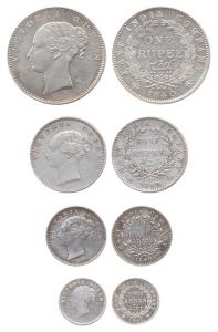 Victoria Queen, Silver (4), Rupee, 1/2, ¼ Rupee and 2 Annas, 1840, Continuous Legend type.