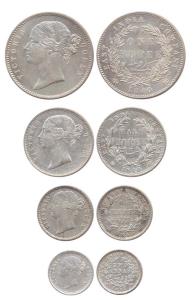 Victoria Queen, Silver (4), Rupee, 1/2, ¼ Rupee and 2 Annas, 1840, DIvided Legend type. Ve
