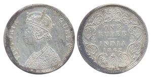 Queen Victoria, Silver, Rupee, 1862, 1 dot above, 2 dots below, bust A, rev I. Fine+.