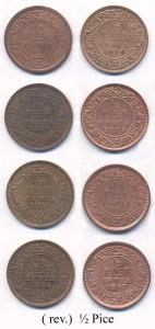 Copper, ½ Pice, Victoria, 1862 and 1897; Edward VII, 1903, 1905, and 1910; George V, 1934,