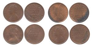 Queen Victoria, Copper (4), ¼ Anna, Victoria, 1862, 1880, 1889, and 1901. All UNC with the