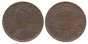 Victoria Empress, Copper, Rupee, 1887. OMS in Copper as Machine-Trial piece. Very Fine+, E