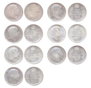 Edward VII, Silver (7), Rupee, 1903 to 1907, 1909 and 1910. All About UNC, Rare. (7)