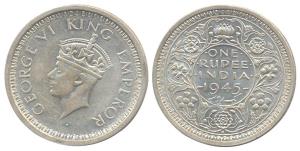 George VI, Silver, Rupee, 1945, Bombay Mint, Large 5 type. About UNC.