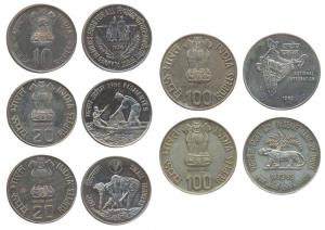 Rupees 10, Silver, 1969, Mahatma Gandhi; 1970, Food for All; 1972, 25th Anniversary of Ind