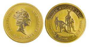 Australia, Elizabeth II, Gold, 50 Dollars, 1998, two Kangaroos on rev. Fine 999, Proof.