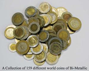 A Collection of 159 coins of Bi-Metallic type of the World. Numerous Countries, various de