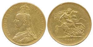 Great Britain, Victoria, Gold, 5 Pounds, 1887, 40 g. Fine+.