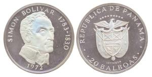 Panama, Silver, 20 Balboas, 1972, Simon Bolivar, Proof. 130 g. Plastic casing within an or