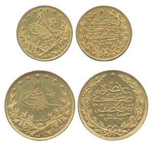 Turkey, Gold (2), 50 and 100 Piasters, 3.6 and 7.2 g, AH 1300 and 1327. UNC. (2)