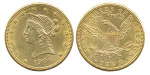 USA, Gold, $ 10 Morgan Dollar, 1906. About Very Fine