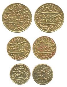 Murshidabad Token set of 3, Gold, Mohur, ½ and ¼ Mohur weight, in the name and style of Mu