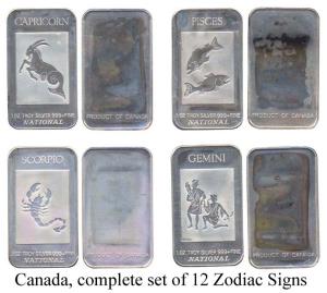 Canada, Silver (12), complete set of 12 Zodiacal Signs in silver Bars of 1 oz each (28.34 