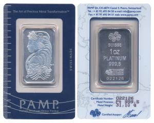 Platinum Bar, 1 ounce, 31.1 g, certified and sealed in tamper proof packing by PAMP, Switz