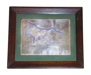 Silver Map of Jamshedpur City, engraved on silver with blue enamel to show the river, this