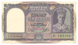 George VI, Rupees 10, 2nd issue, 1944, signed C. D. Deshmukh, (Jhun #6.1). About Uncircula