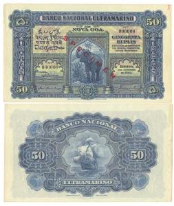 Cincoenta (Fifty) Rupias, 3rd issue, 1924, Banco Nacional Ultramarino, ‘Specimen’ overprin