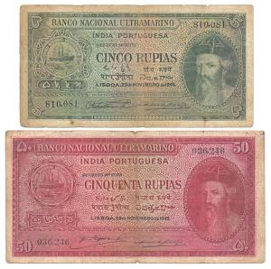 Cinco (Five) and Cinquenta (Fifty) Rupias, 6th issue, 1945, Banco Nacional Ultramarino, (J