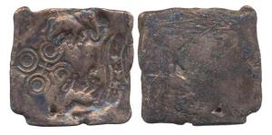 Eran (c. 300-200 BC). Copper Unit, Punch marked coin with punches showing elephant, river,