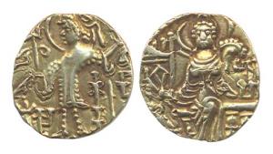 Later Kushans, Shaka Gadahara (c. 320 AD). Gold Dinar, King standing right with trident an