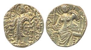 Later Kushans Shaka Kipananda (c. 330 AD). Gold Dinar, King standing right with trident an