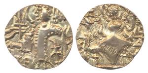 Kidarite, Kritavira (early 5th century AD). Gold Dinar, king standing left with Kidara bel