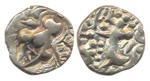 Karkotakas of Kashmir, Pratapaditya (5th century AD). Base Gold Dinar, king standing left 