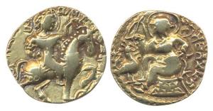 Guptas, Kumaragupta I Mahendraditya. Gold Dinar. Horseman type. Kumaragupta, nimbate, hold