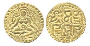 Kalachuris of Tripuri, Gangeya Deva (AD 1015-40). Gold Dinara, obv seated Lakshmi, rev Nag