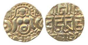 Gahadavalas of Kanauj, Govinda Chandradeva (AD 1114-54). Gold 4 ½ Masha, obv seated Goddes