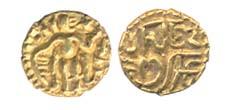 Imperial Cholas, Rajaraja I (AD 985-1014). Gold Fanam, standing king looking right, rev Na