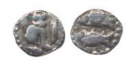 Imperial Cholas, Rajendra Chola (AD 1114-1044). Silver Fanam, Seated lion, rev two (see El