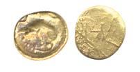 Uncertain, perhaps a Chola ruler, Gold Fanam, curly lion rev blank. Rare.