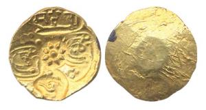Yadavas of Devagiri, Bhillama V. Gold Padma Tanka, five punches showing Sri twice, conch s