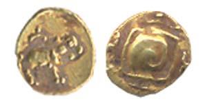 Hoysalas of Dorasamudra, Anonymous, Gold Fanam, lion standing right, rev Kanarese letter i
