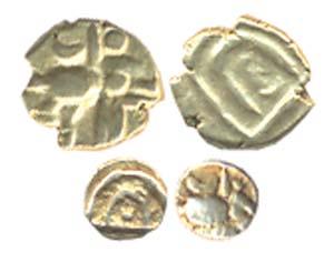 Kayasthas of Kurnool, Ambadeva (AD 1273-1302). Gold Fanam and quarter Fanam, obv boar to r
