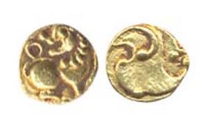 Kadambas of Hangal, Toyimadeva (AD 1048-75). Gold Fanam, Lion facing right with head turne