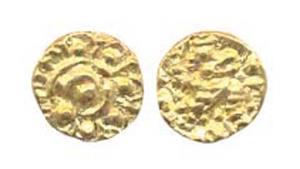Kadambas of Hangal, Anonymous, Gold Fanam, beautiful depiction of seated hanuman with orna